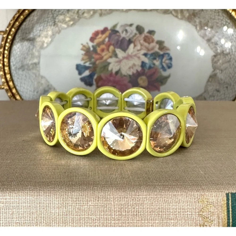 Yellow Big Crystal Elastic Enamel Stretch Bracelet, NEW